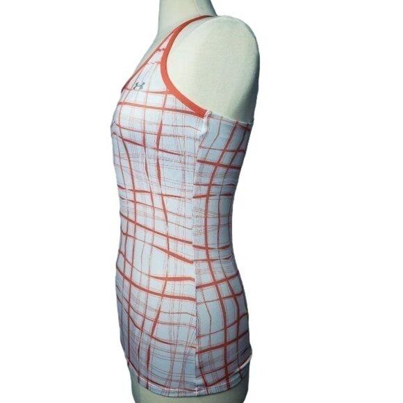 Under Armour Womens T-Back Tank S Orange Plaid Built-In Shelf Bra Athletic Top - Picture 4 of 9